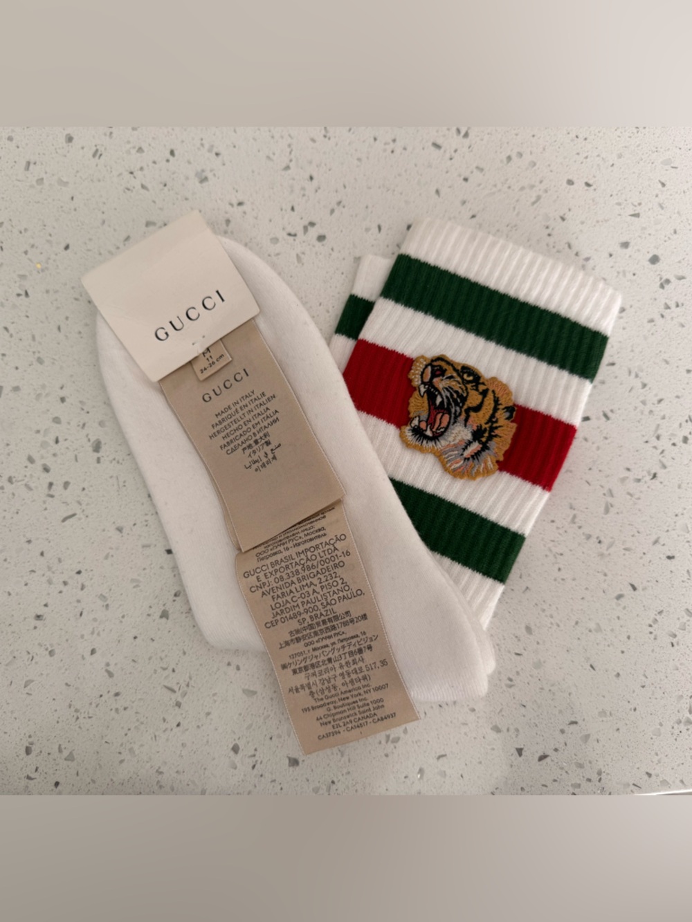 NWT Gucci White Socks with Green & Red Stripes and Tiger Patch